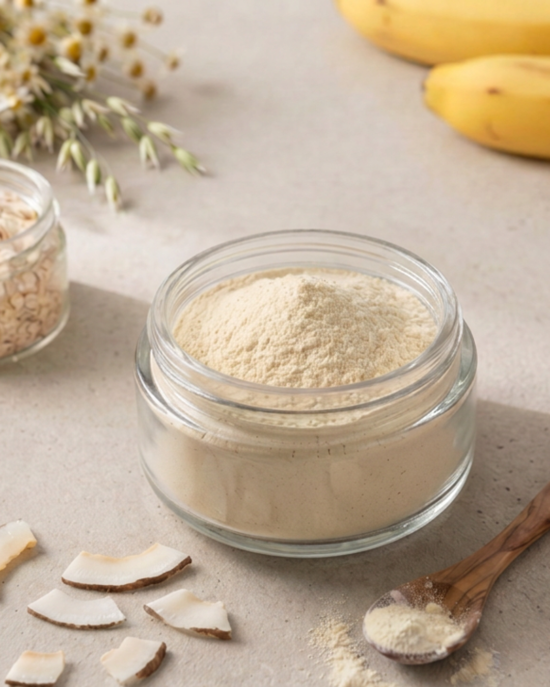 Masque Confort Éclat Avoine, Banane et Coco – Poudre à activer- 2-en-1 Visage et cheveux